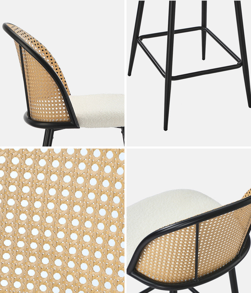 Set of 4 Rattan Boucle Fabric Kitchen Counter Bar Stools