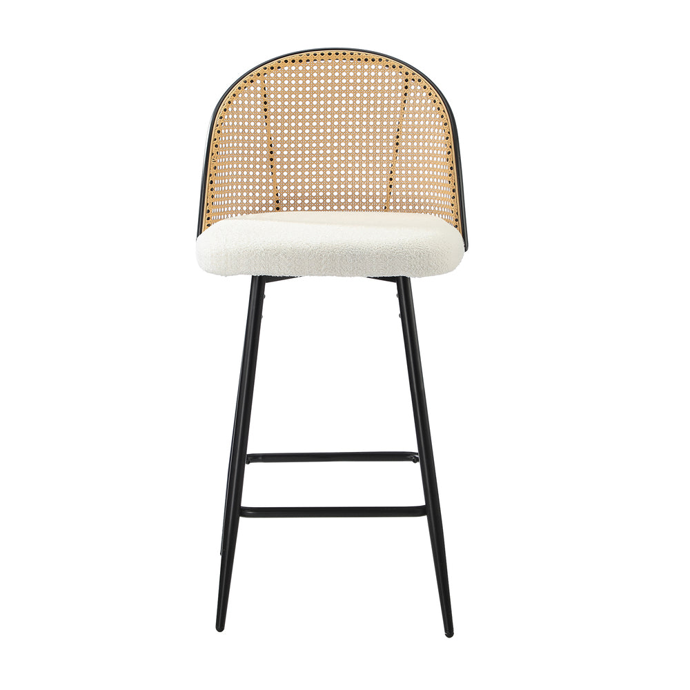 Set of 4 Rattan Boucle Fabric Kitchen Counter Bar Stools