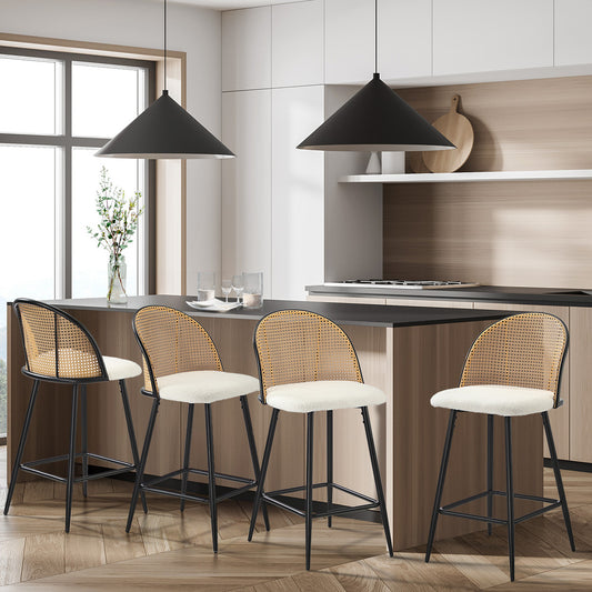 Set of 4 Rattan Boucle Fabric Kitchen Counter Bar Stools