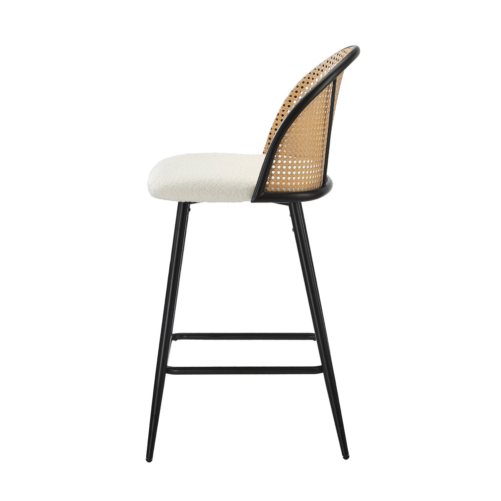 Set of 4 Rattan Boucle Fabric Kitchen Counter Bar Stools