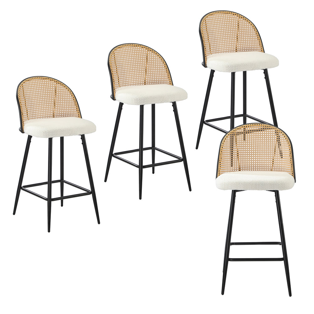 Set of 4 Rattan Boucle Fabric Kitchen Counter Bar Stools