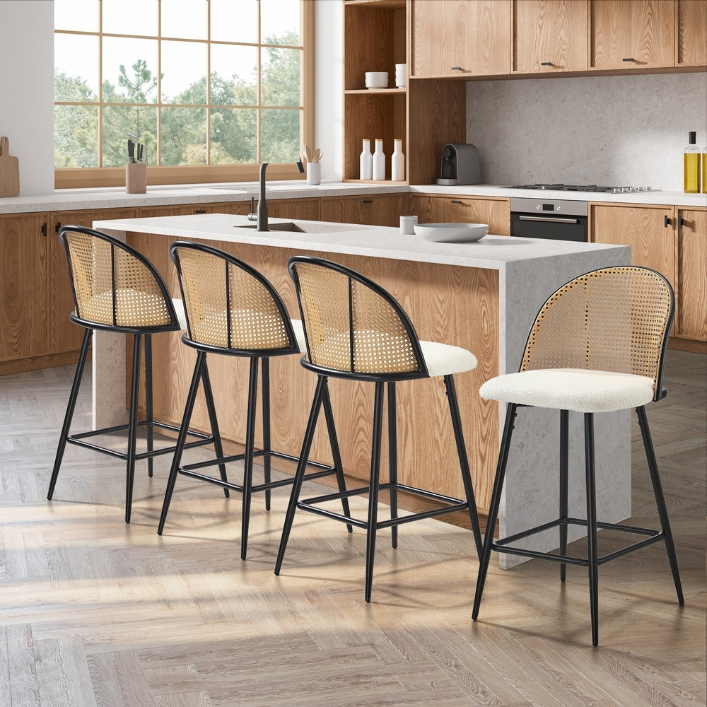 Set of 4 Rattan Boucle Fabric Kitchen Counter Bar Stools