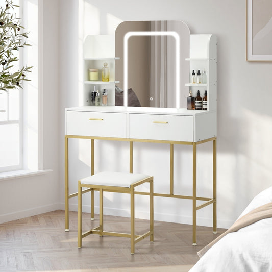 The Vicky White and Gold Dressing Table and Stool Set with LED Mirror Vanity.