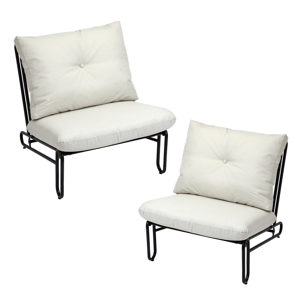 Set of 2 Beige Outdoor Patio Lounge Chairs with Cushions.
