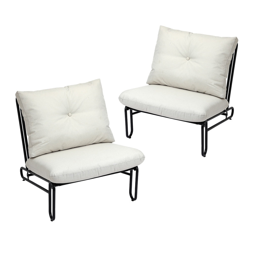 Set of 2 Beige Outdoor Patio Lounge Chairs with Cushions.
