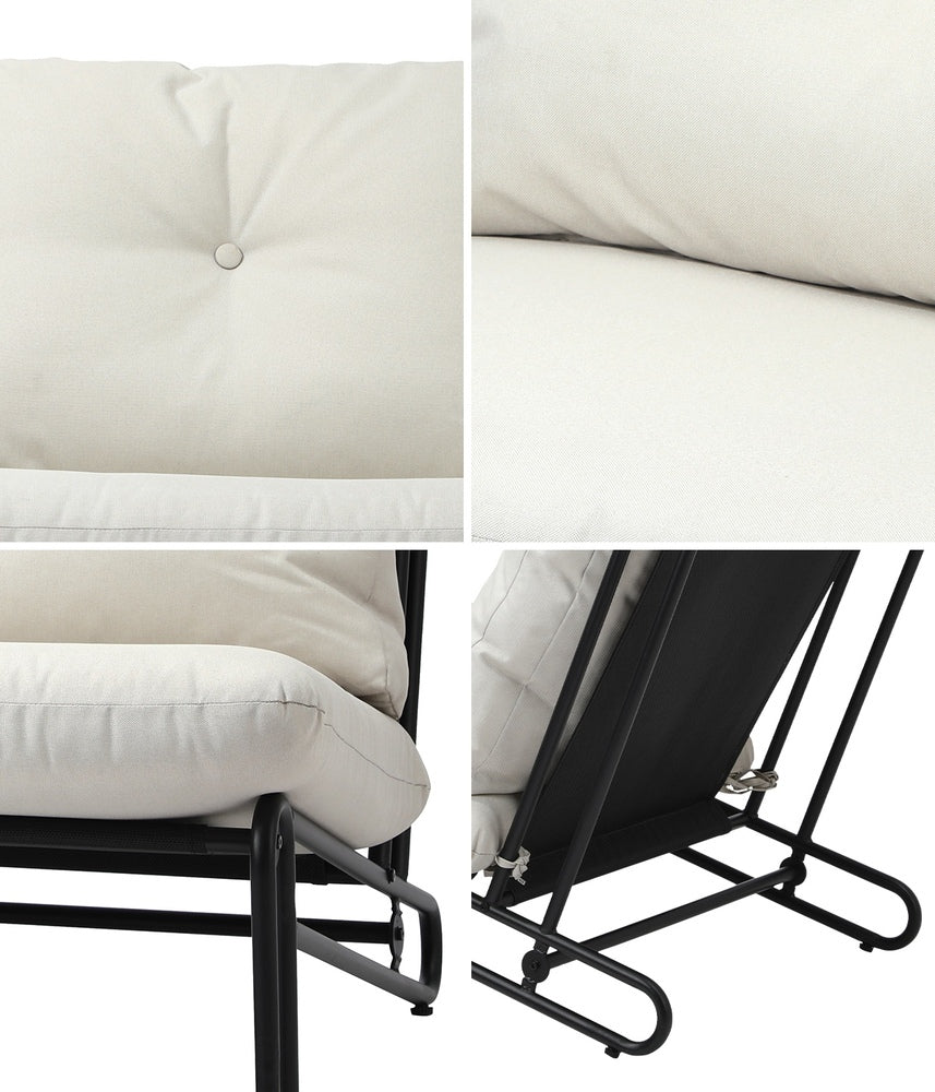 Set of 2 Beige Outdoor Patio Lounge Chairs with Cushions.