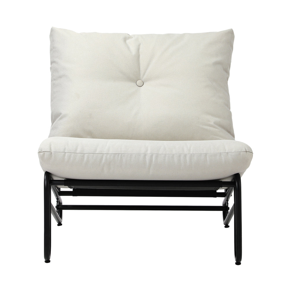 Set of 2 Beige Outdoor Patio Lounge Chairs with Cushions.