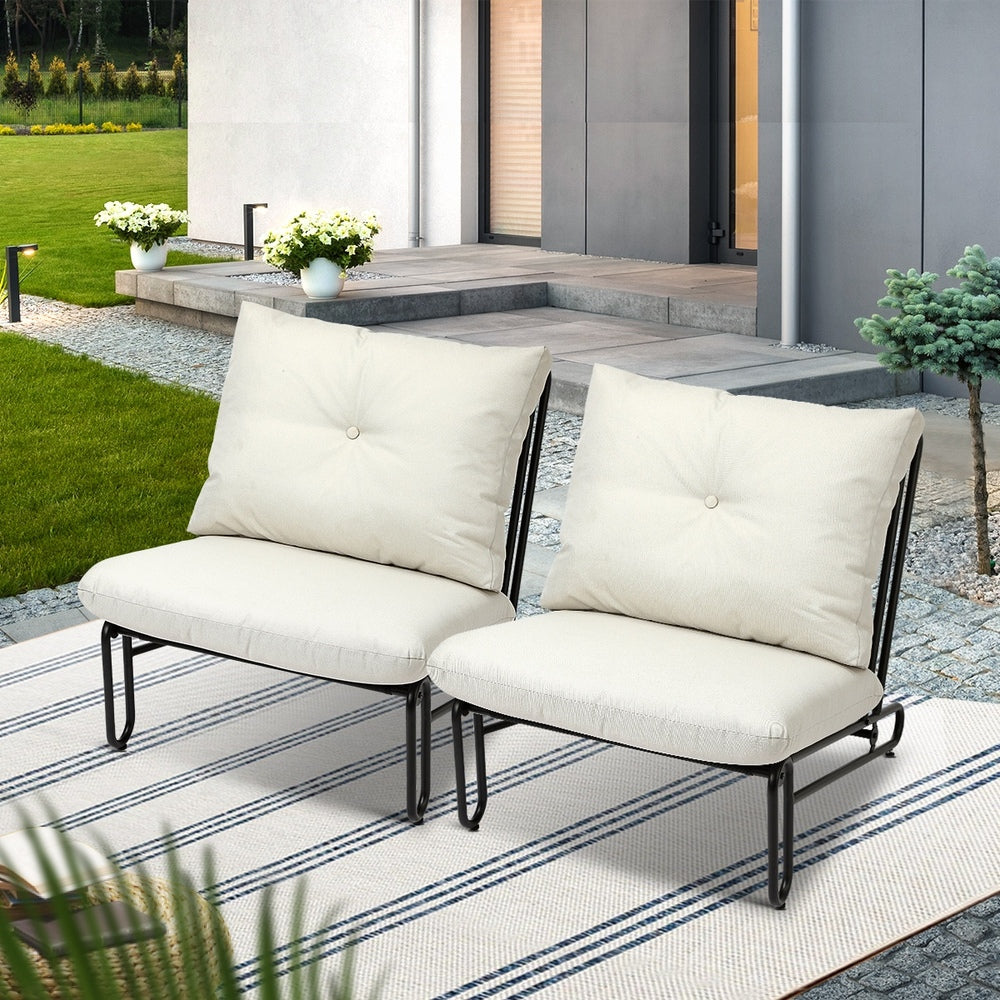 Set of 2 Beige Outdoor Patio Lounge Chairs with Cushions.