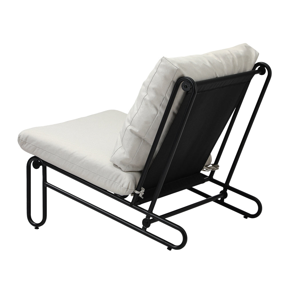 Set of 2 Beige Outdoor Patio Lounge Chairs with Cushions.