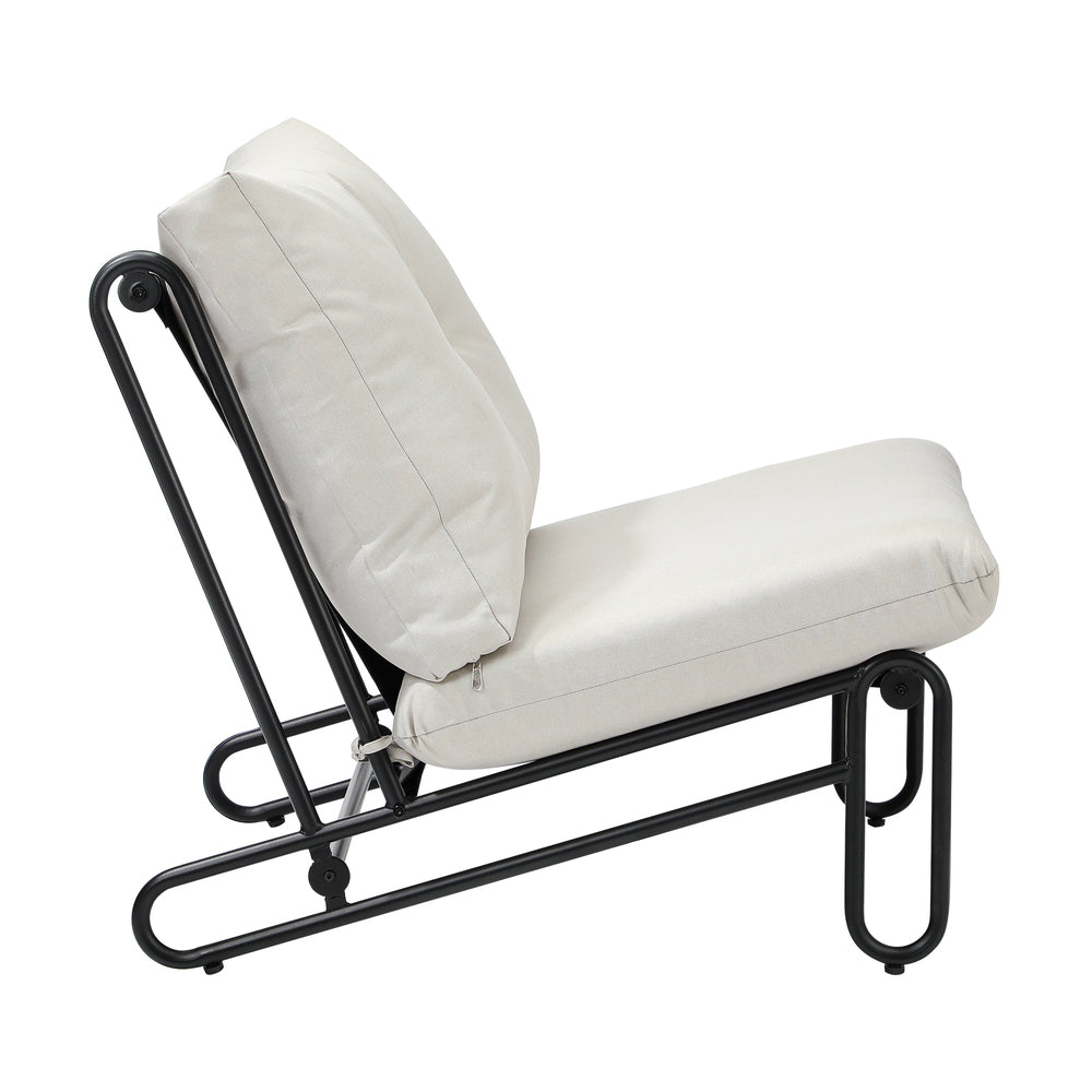 Set of 2 Beige Outdoor Patio Lounge Chairs with Cushions.