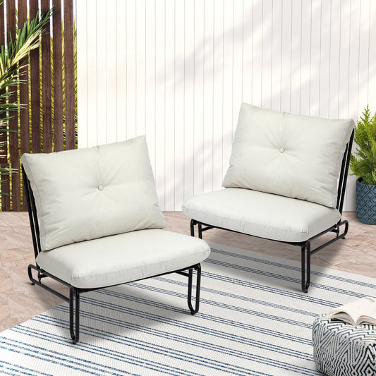 Set of 2 Beige Outdoor Patio Lounge Chairs with Cushions.