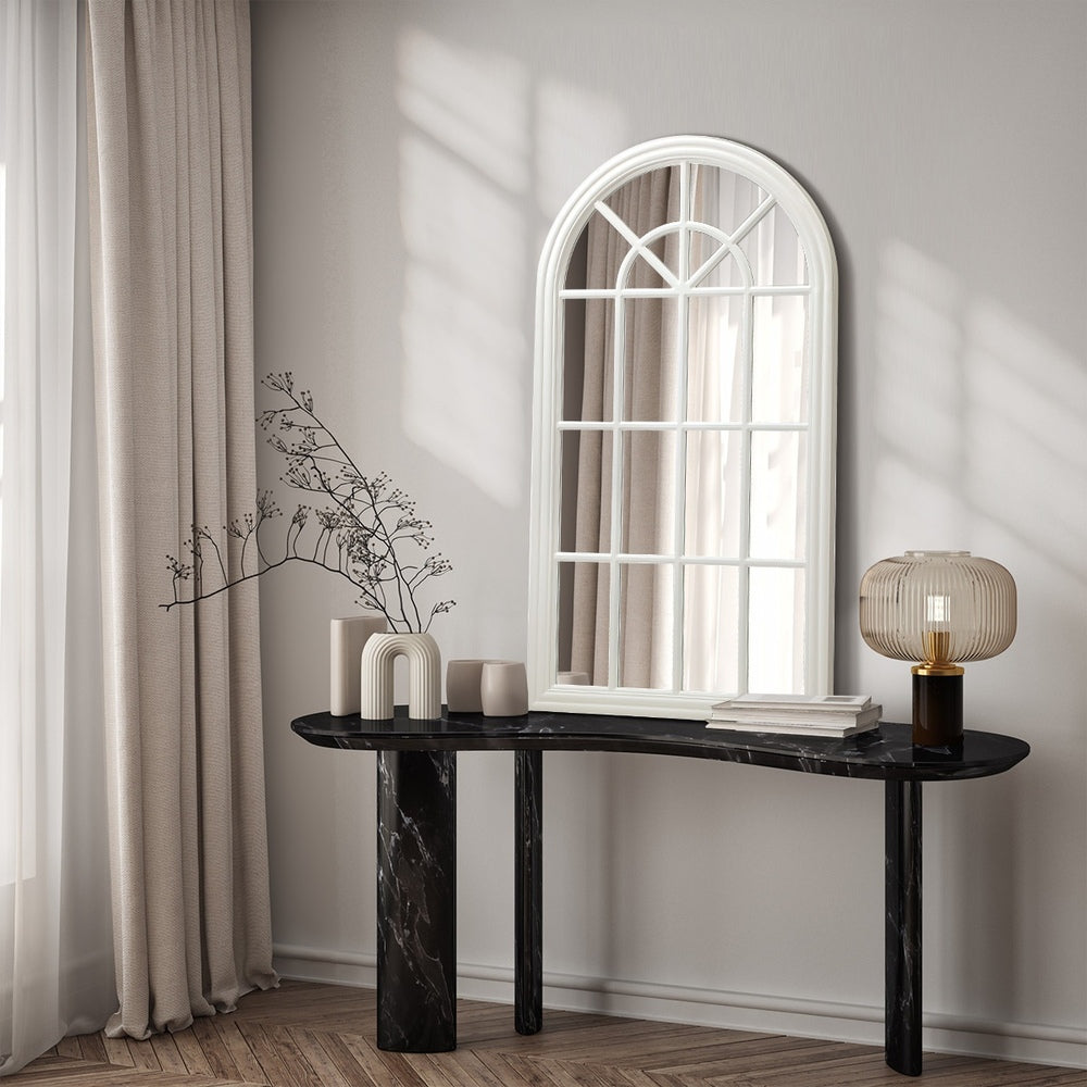White Wooden Arched Window Wall Mirror.