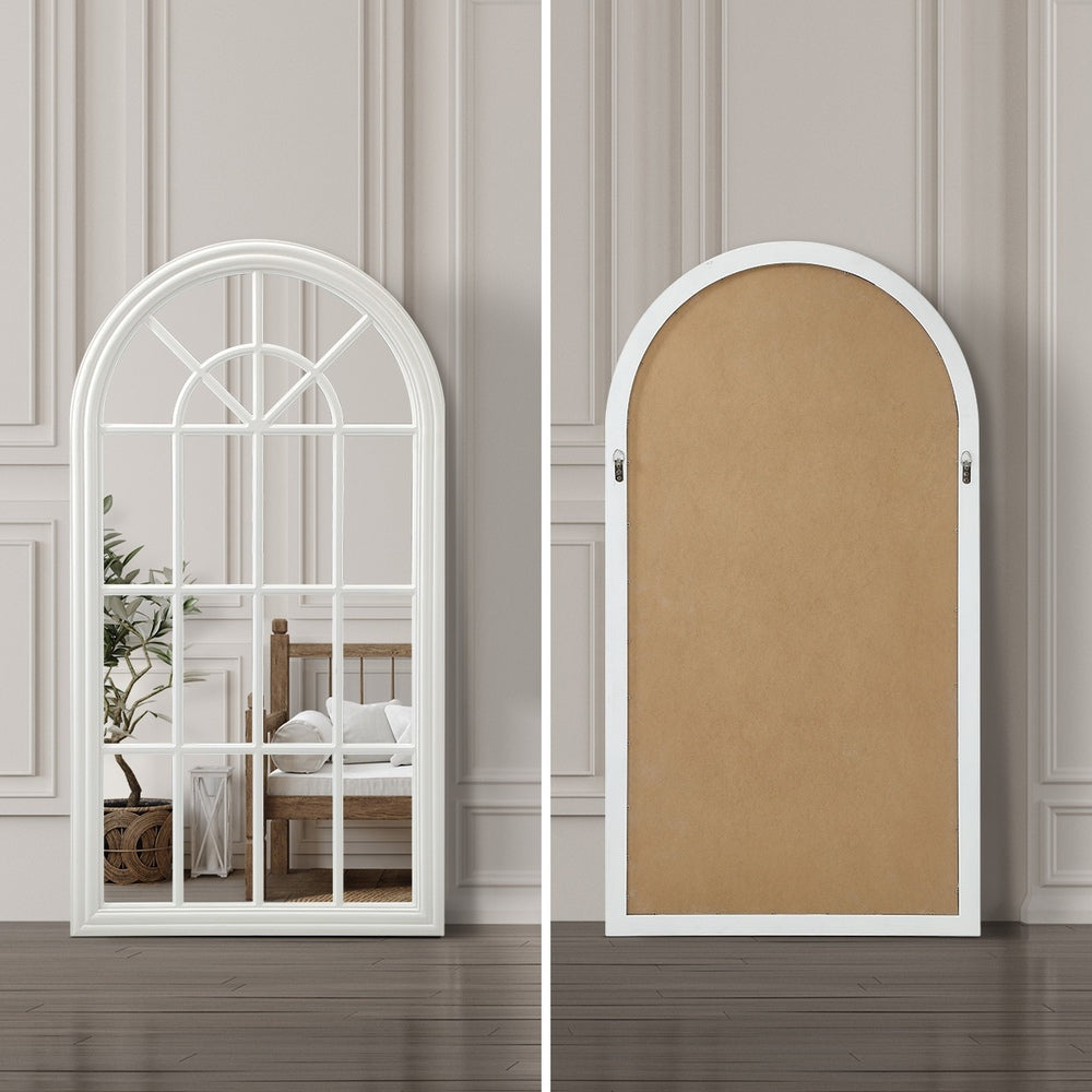 White Wooden Arched Window Wall Mirror.