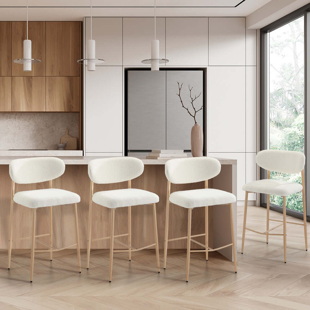 Set of 4 Natural White Boucle Fabric Bar Stools