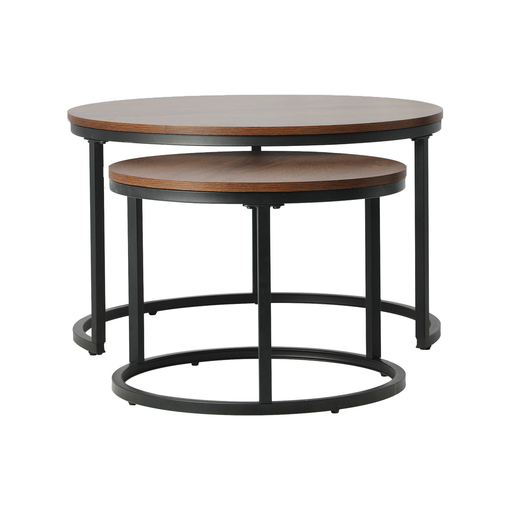 Set of 2 Round Walnut and Black Nesting Coffee Tables