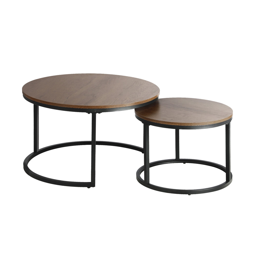 Set of 2 Round Walnut and Black Nesting Coffee Tables