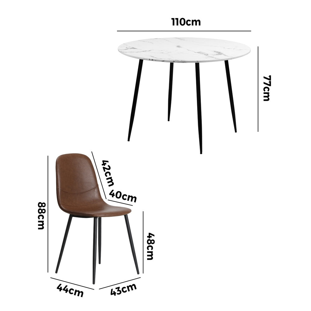 Round Brown PU Dining Table with Four Dining Chairs
