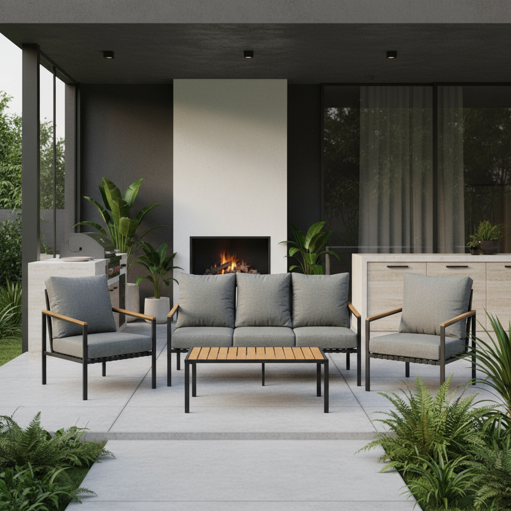 Ortiz 4 Piece Black Outdoor Patio Set with Table and Cushioned Chairs The Nest Trading Company