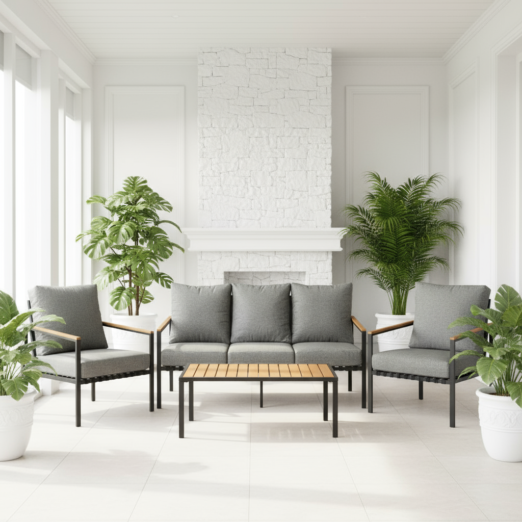 Ortiz 4 Piece Black Outdoor Patio Set with Table and Cushioned Chairs The Nest Trading Company