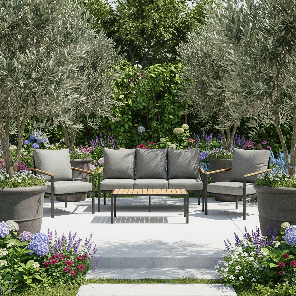 Ortiz 4 Piece Black Outdoor Patio Set with Table and Cushioned Chairs The Nest Trading Company