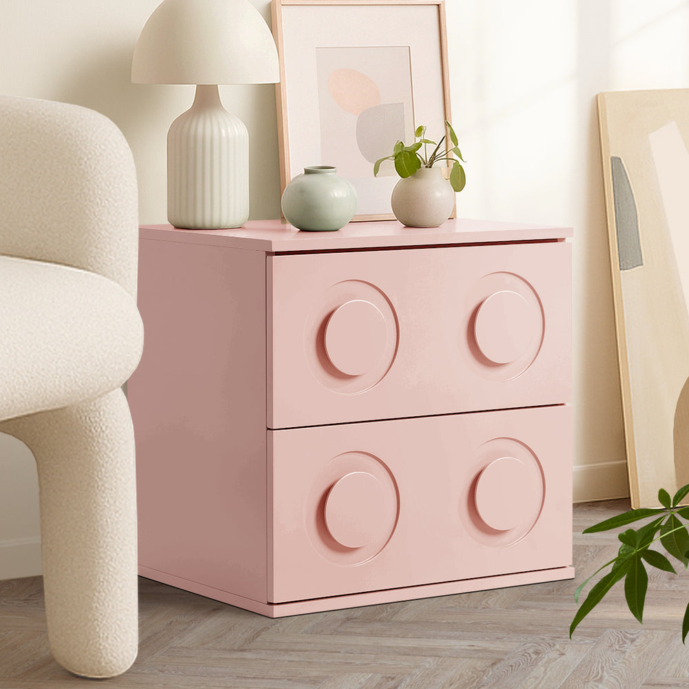 Pink Bedside Table Nightstand with Two Drawers Storage Cabinet