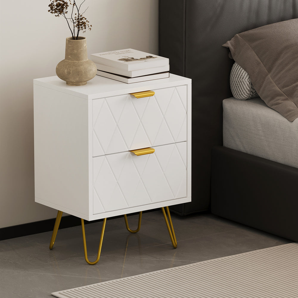 White and Gold Metal Bedside Table Nightstand with Two Drawers