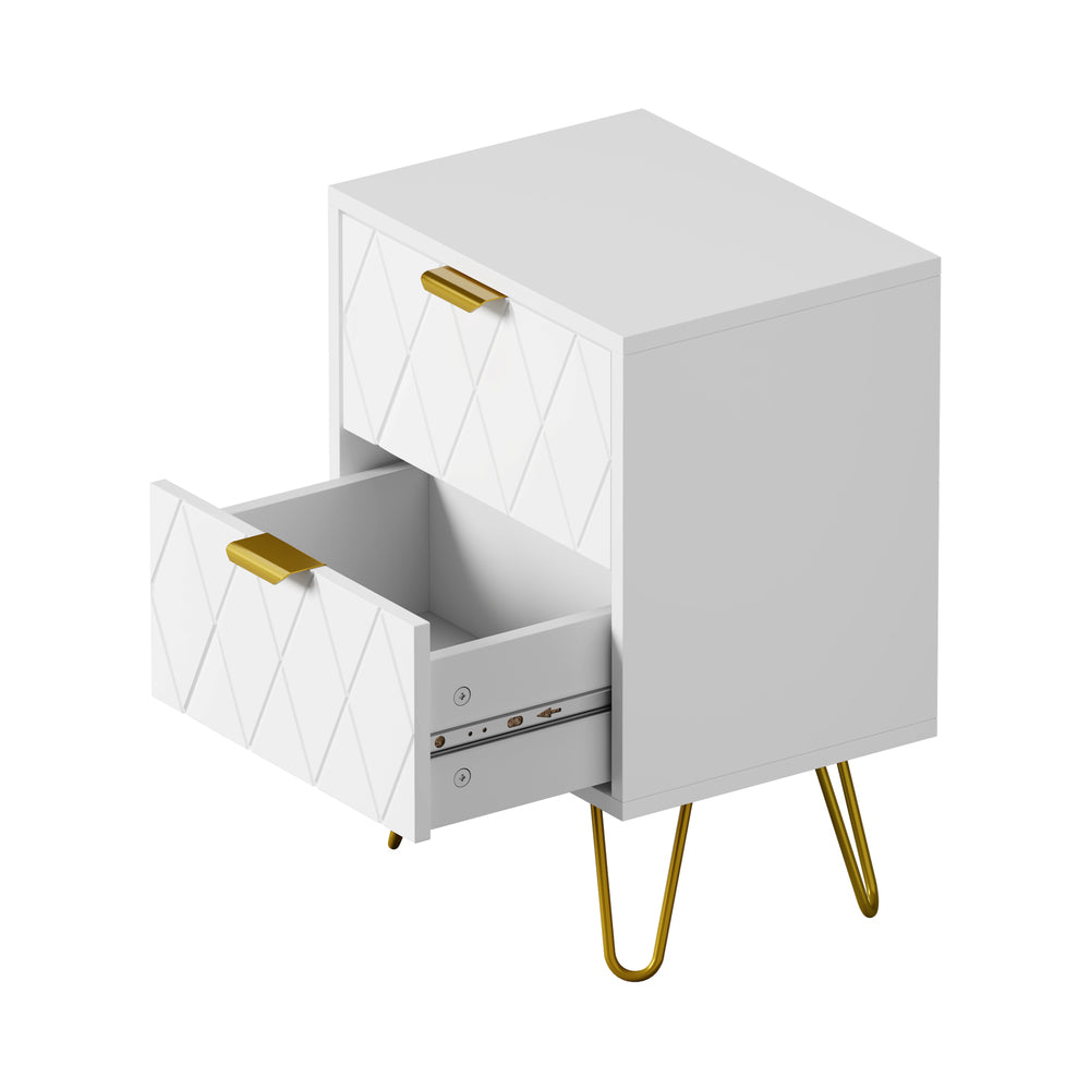 White and Gold Metal Bedside Table Nightstand with Two Drawers
