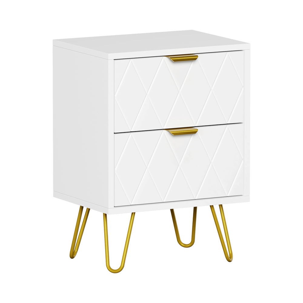 White and Gold Metal Bedside Table Nightstand with Two Drawers