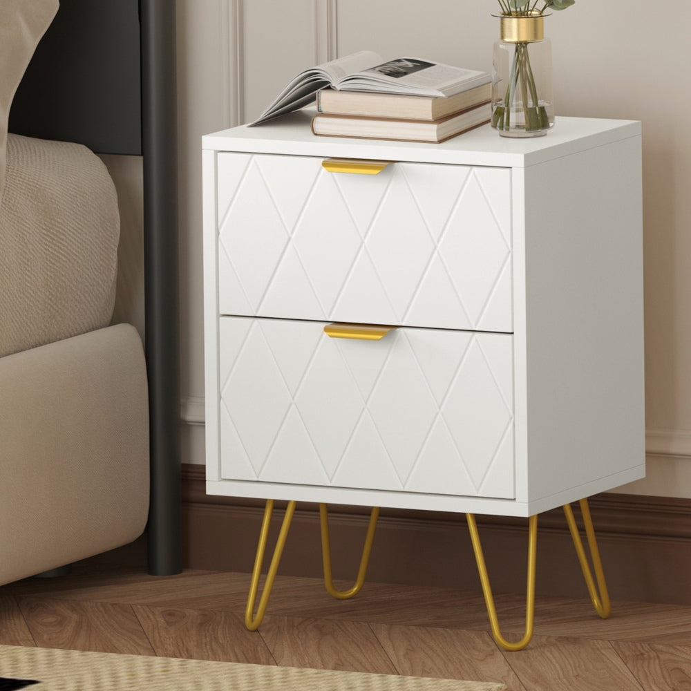 White and Gold Metal Bedside Table Nightstand with Two Drawers