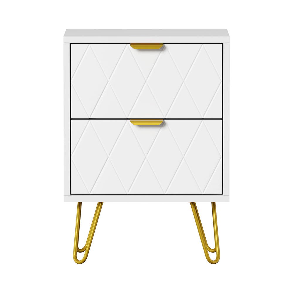 White and Gold Metal Bedside Table Nightstand with Two Drawers