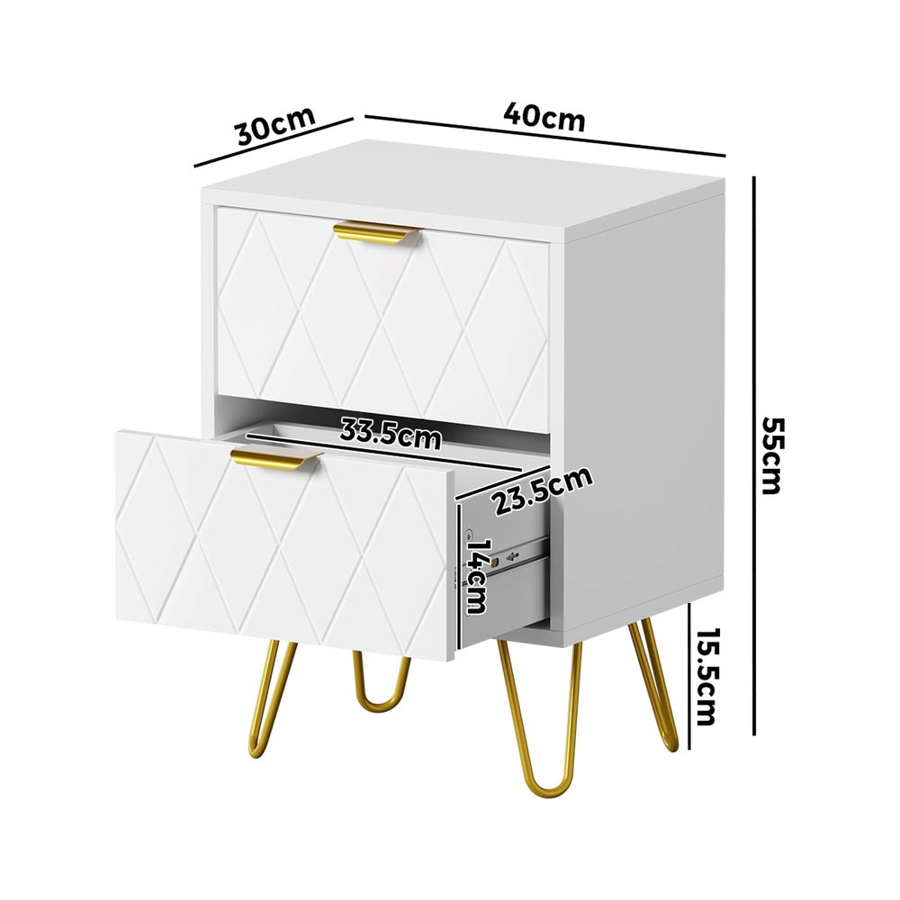 White and Gold Metal Bedside Table Nightstand with Two Drawers