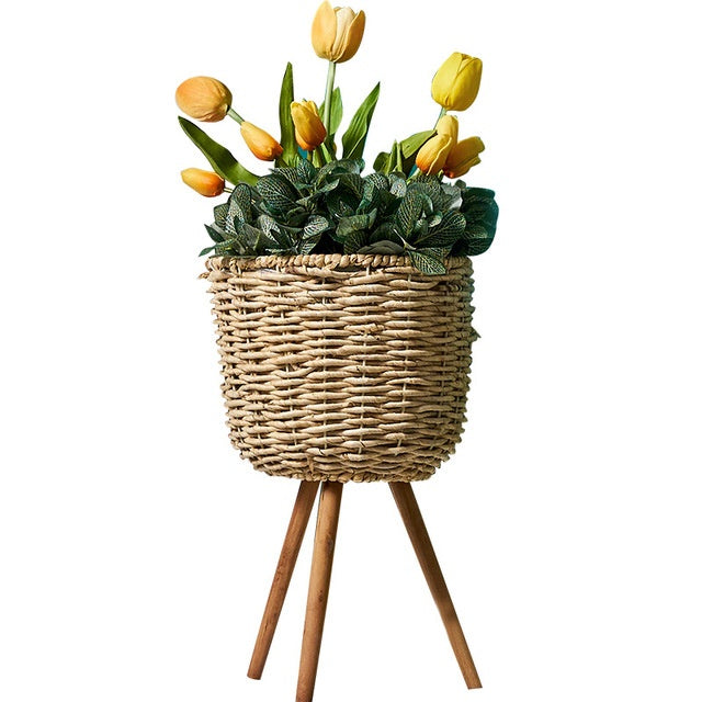 Straw Floor Standing Flowerpot