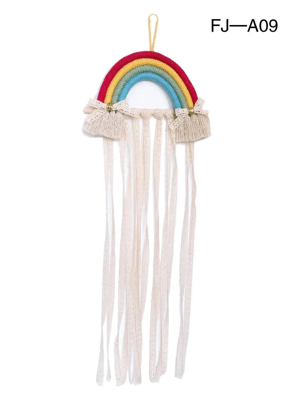 Nordic Style Woven Rainbow hair clip organizer rack with colorful cotton rope and hanging ribbons