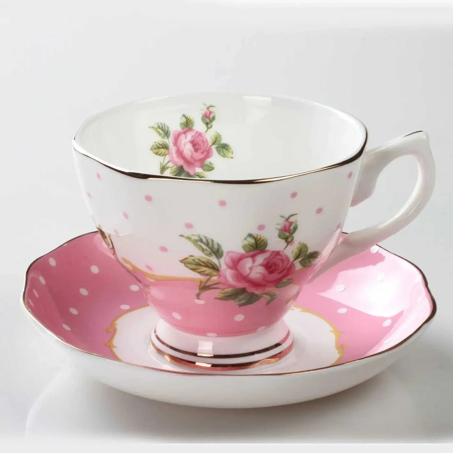 Bone China British Afternoon Tea Set pink rose floral cup and saucer with gold trim and polka dot design