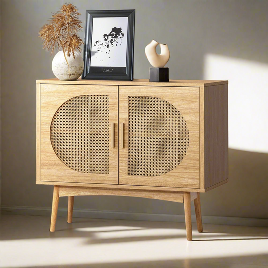 Oikiture Rattan Sideboard Hallway Shelf Wood