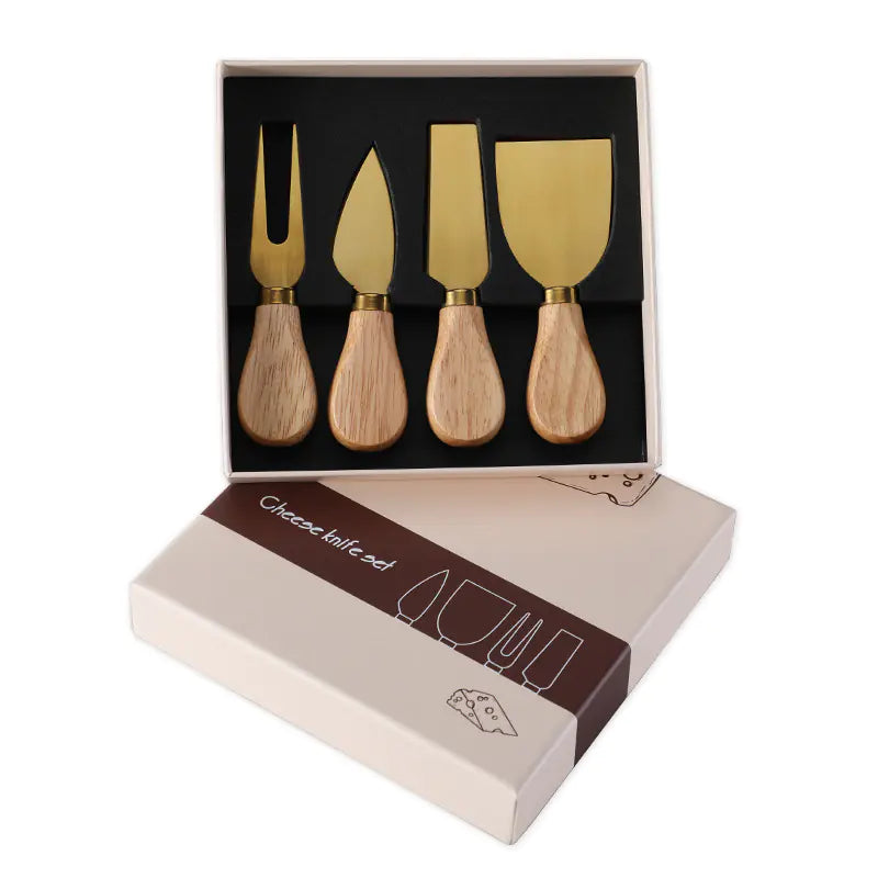 Cheese knife set with oak handles and stainless steel blades in a gift box