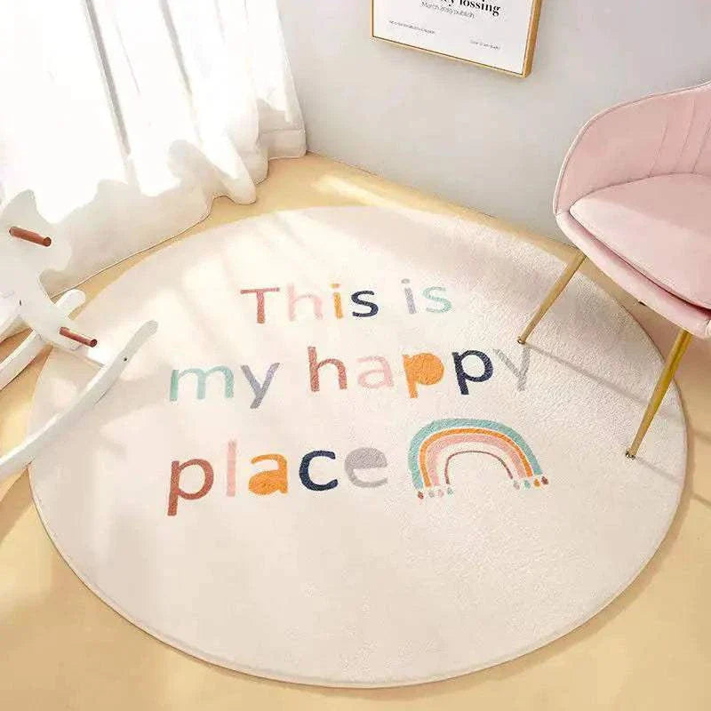 Round cartoon carpet for children's bedroom with colorful text and rainbow design on soft polyester fiber surface.