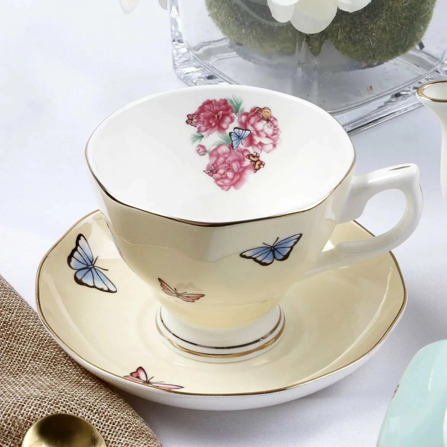 Elegant Bone China British Afternoon Tea Set cup and saucer with floral and butterfly design, luxurious porcelain tea set