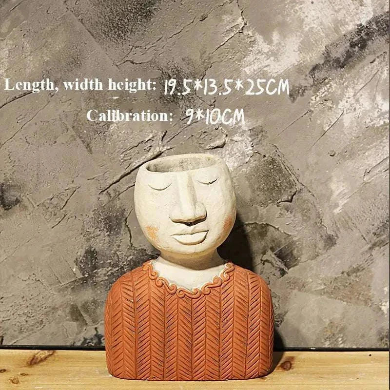 Artistic Portrait Sculpture cement planter with serene face design and textured brown outfit against concrete wall background.