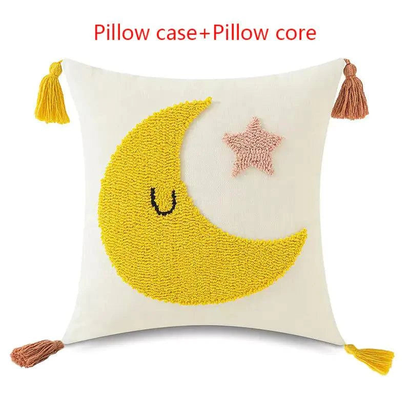 Tufted Loop Pillow Cover with yellow crescent moon and pink star design on white fabric with tassels on corners, including pillow core.