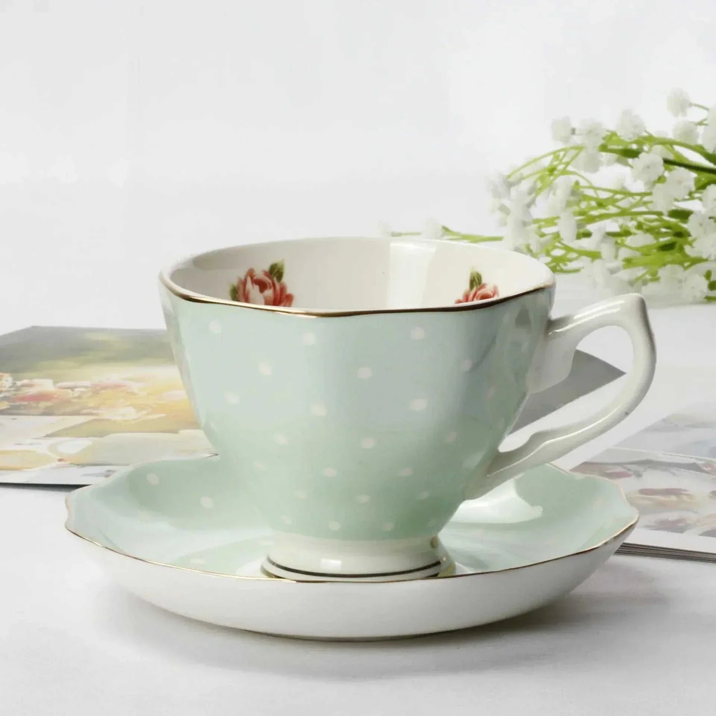 Bone China British Afternoon Tea Set polka dot green cup and saucer with floral interior and gold trim