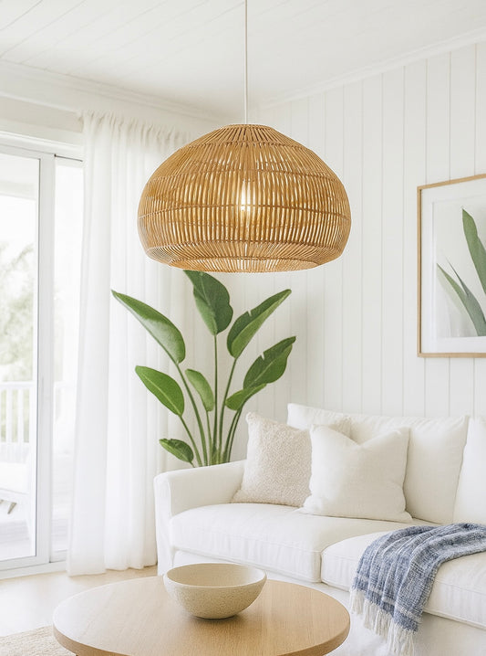 Solara Sphere Natural Hand-Woven Bamboo Cage Pendant Lamp Light.