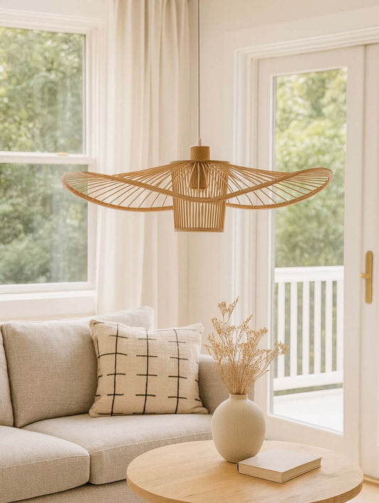 Elysian Breeze Natural Hand-Woven Bamboo Wide Brim Pendant Lamp.