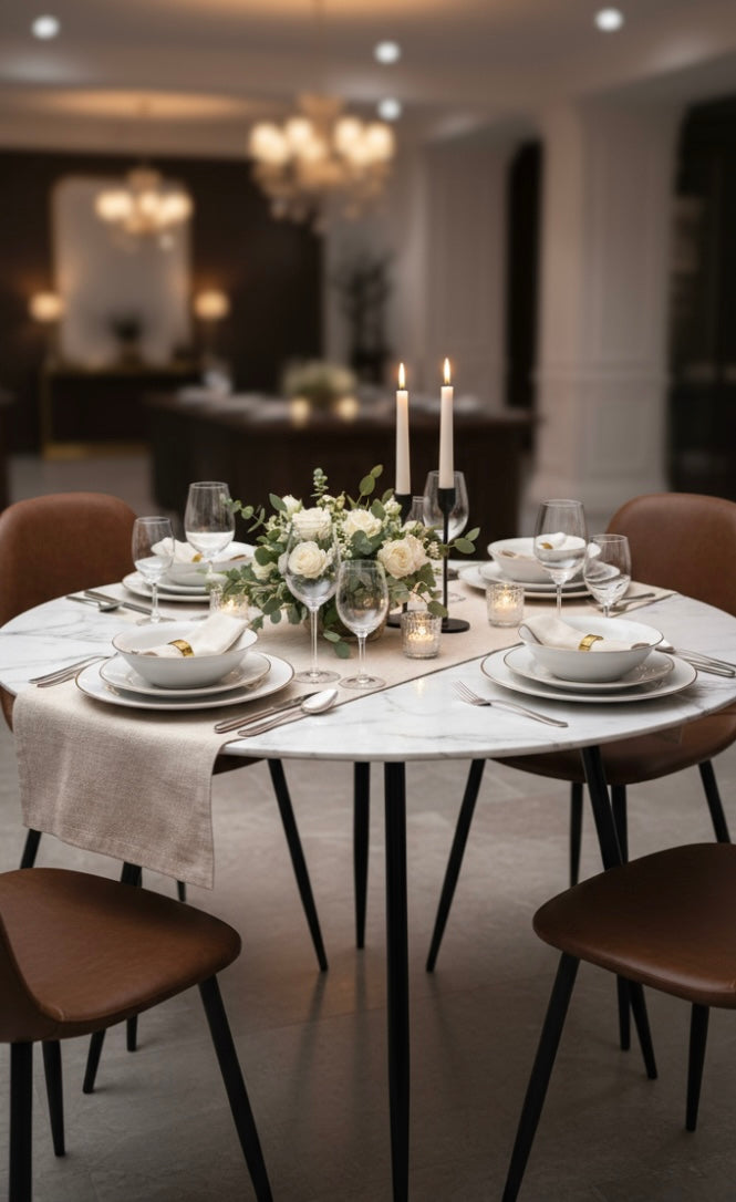 Mathilde Round Brown Dining Table with Four Dining Chairs - The Nest Trading Company