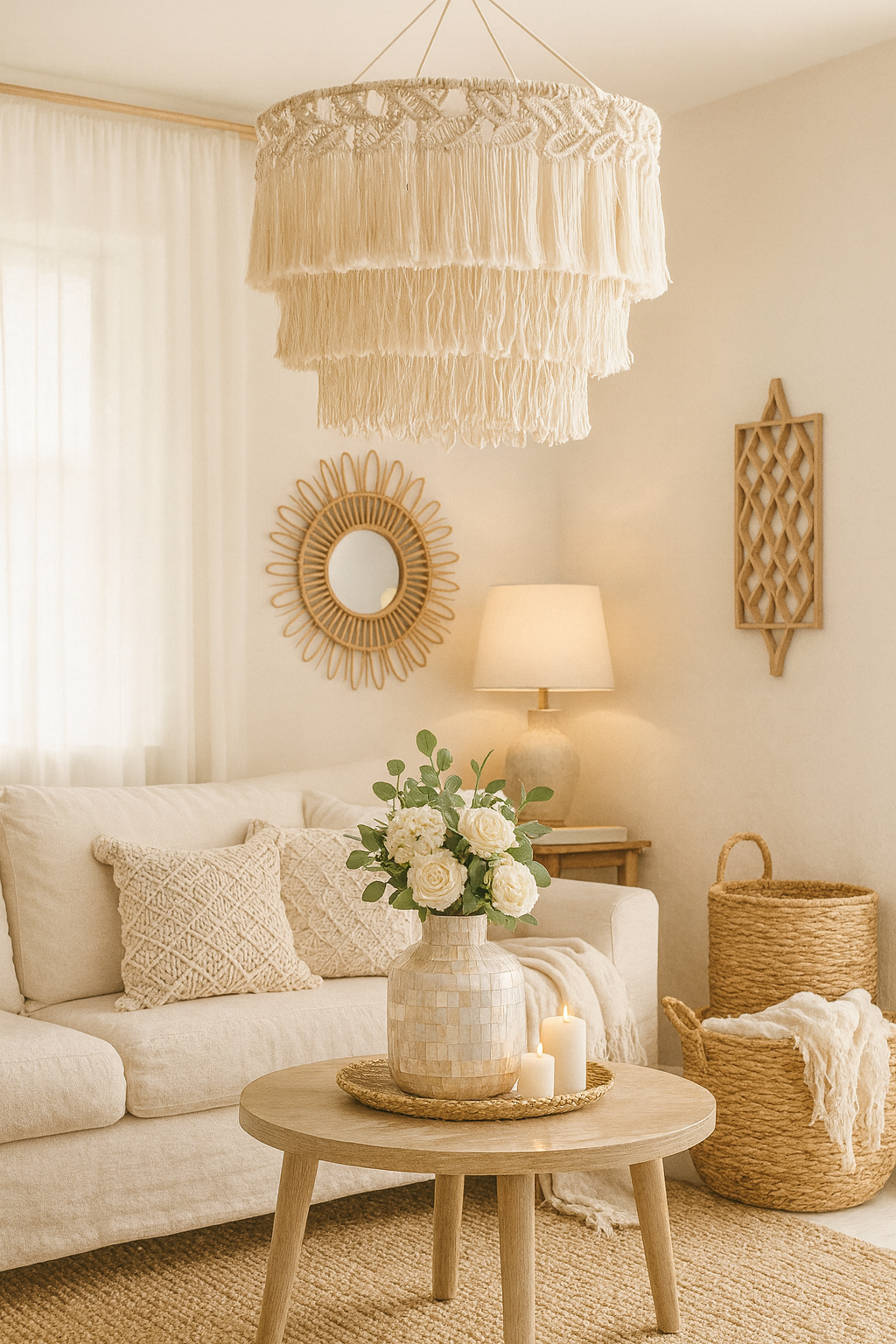 Bohemian tapestry lampshade with layered tassels in a cozy Scandinavian living room setting