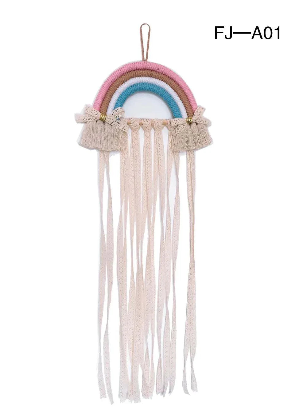 Nordic style woven rainbow hair clip organizer rack with hanging ribbons and pastel colors
