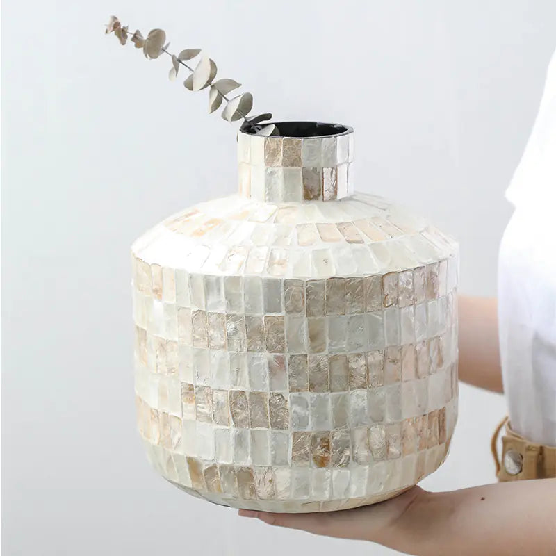 Handcrafted Colorful Shell Inlayed Wooden Vase