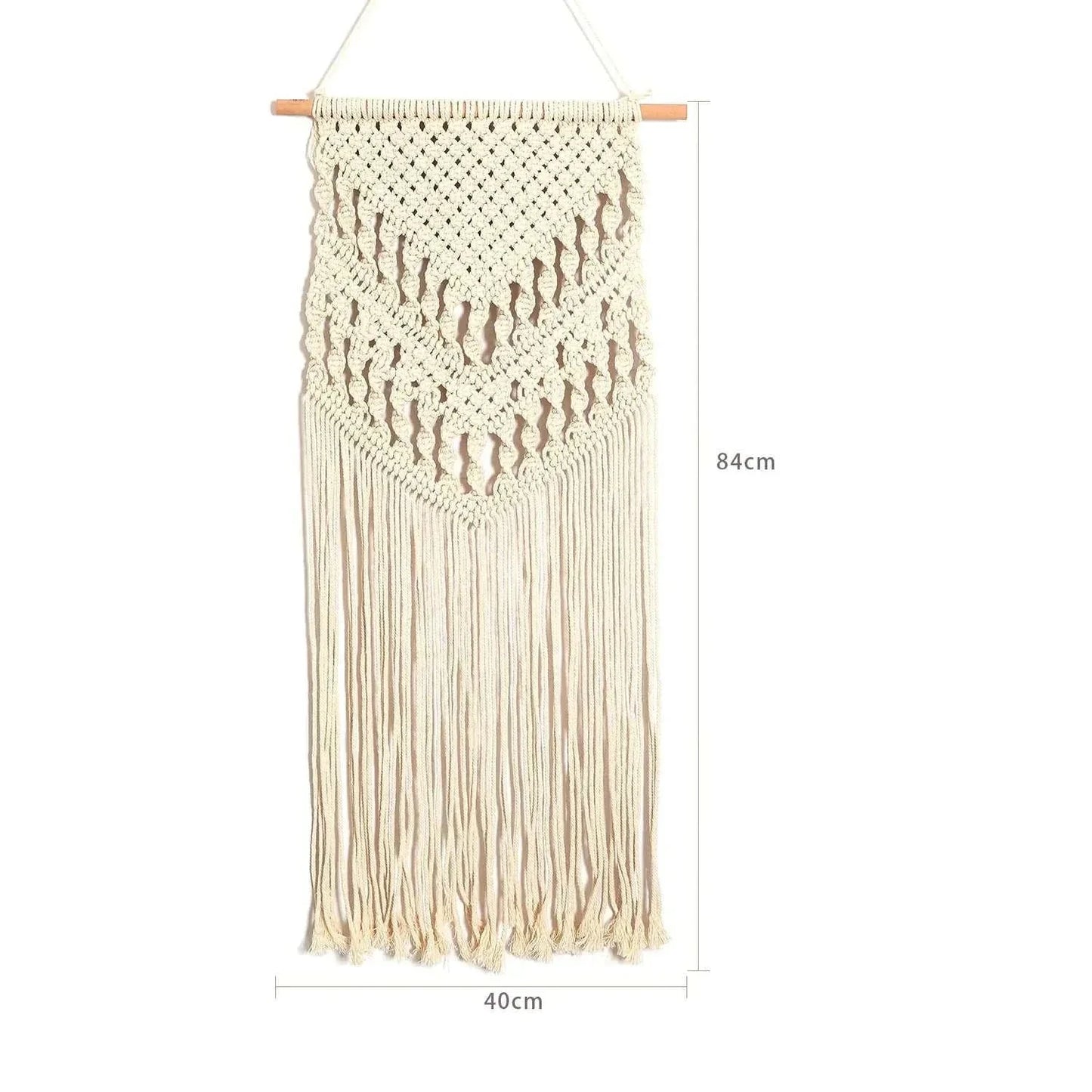 Bohemian-style woven tapestry with intricate patterns and fringes, 40x84cm cotton wall hanging with wooden pole.