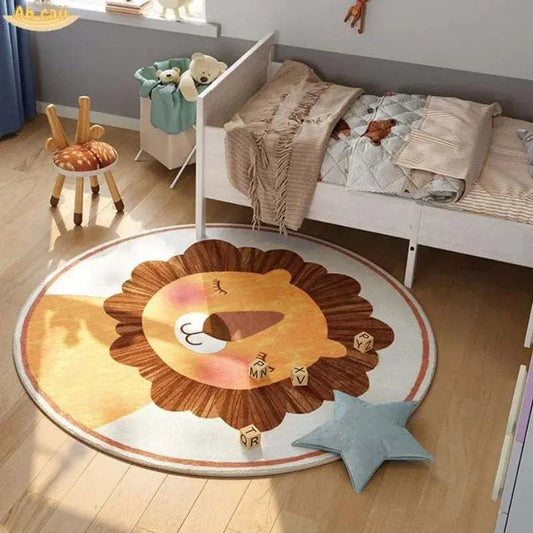 Round plush floor mat with a cartoon lion design in a child's bedroom
