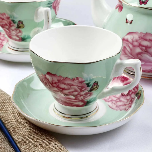 Bone China British Afternoon Tea Set cup and saucer with floral and butterfly design on pastel green background